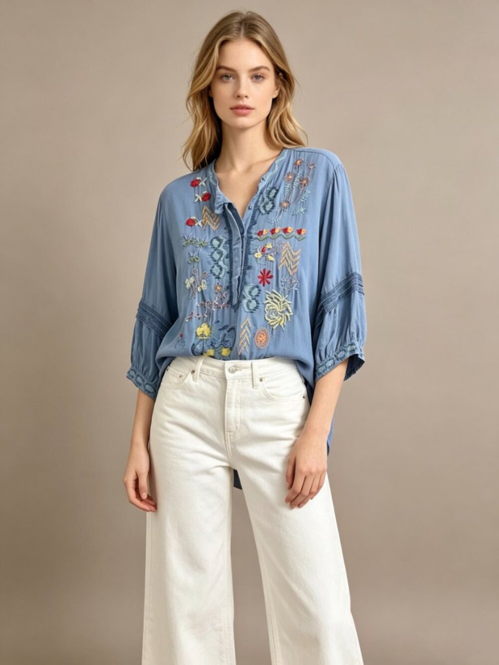 NWOT Johnny Was Biya Carden Tunic Silk Embroidered Floral Tunic Shirt Blouse M